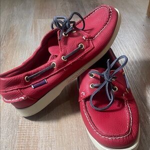 Red Leather Moccasin Boat Shoes with Navy Laces